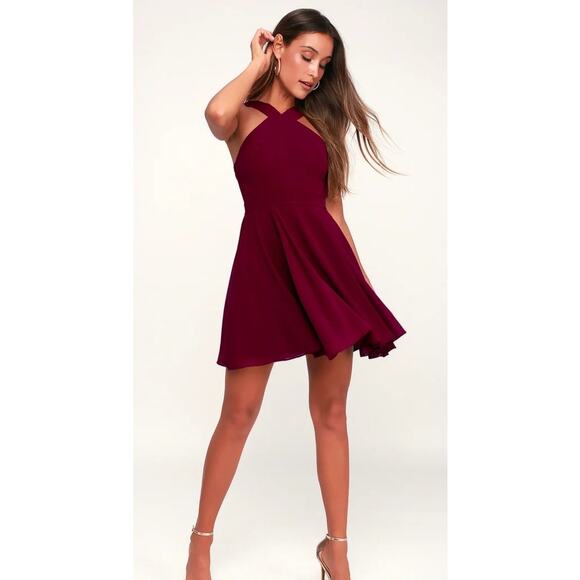 NWT Lulu’s Burgundy Halter Mini Dress S Skater Fit Flare Wedding Party Chic - Picture 1 of 12
